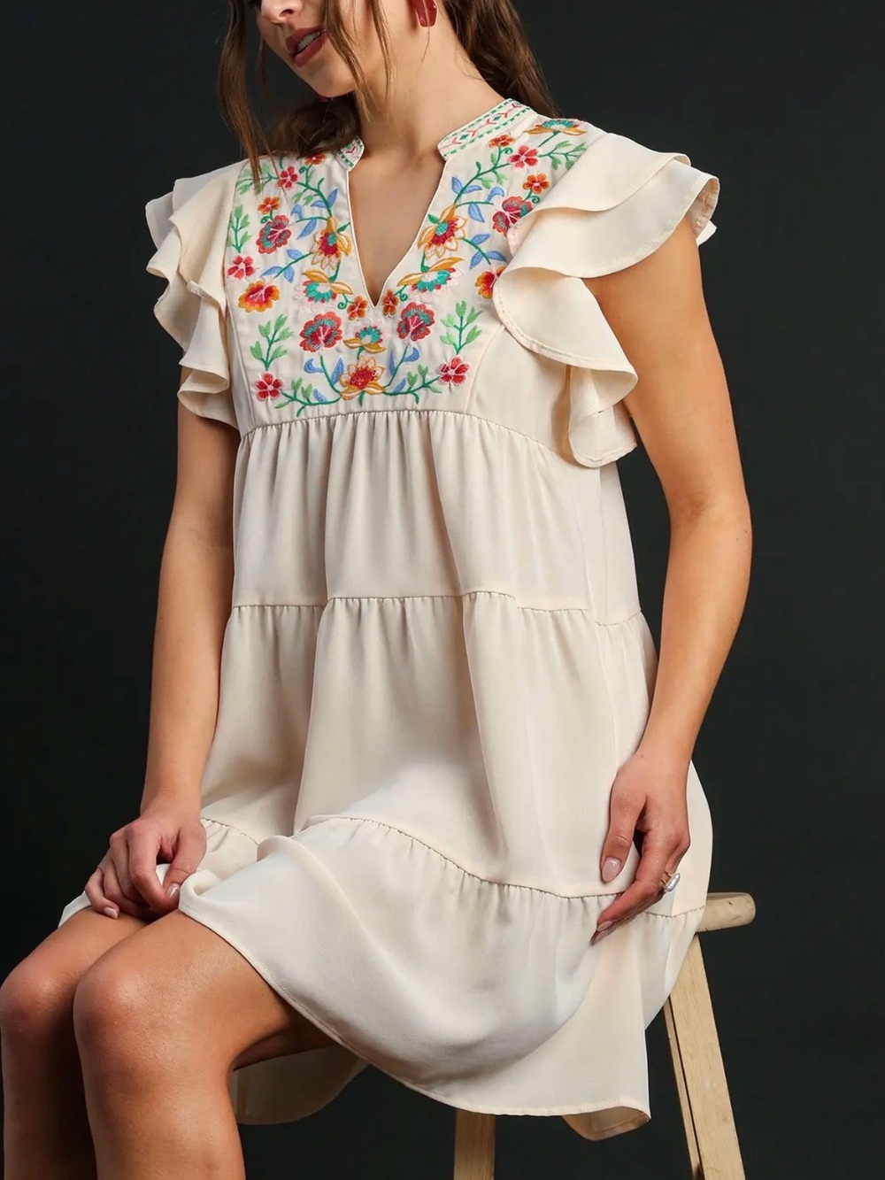 Umgee Cream Embroidered Ruffle Sleeve Tiered Mini Dress